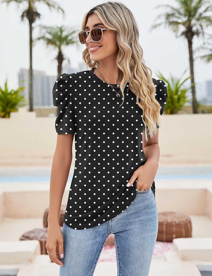 Ivicoer Puff Short Sleeve Shirt for Women Eyelet Tops Summer Crewneck Blouse Loose Fit S-XXL - Image 3