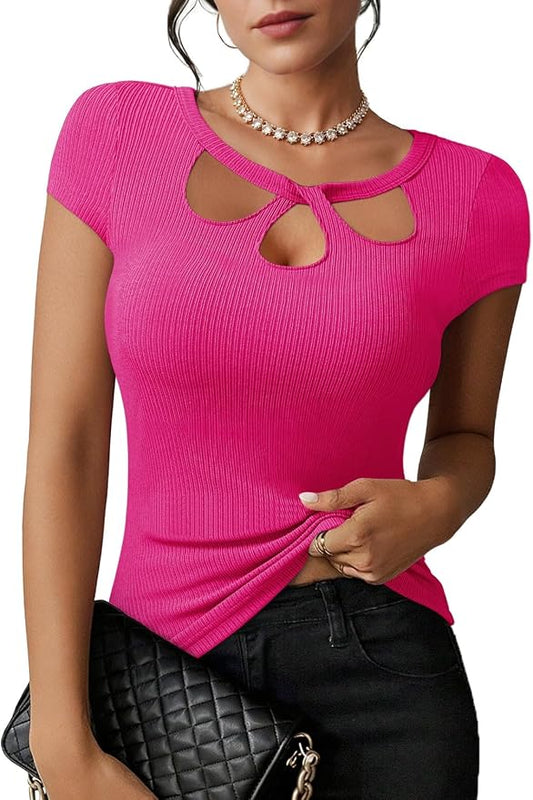 Pink Queen Sexy Tops for Women Cutout Keyhole Neck Cap Sleeve Shirts Casual Summer Clothes 2026 Fashion by PinkQueen