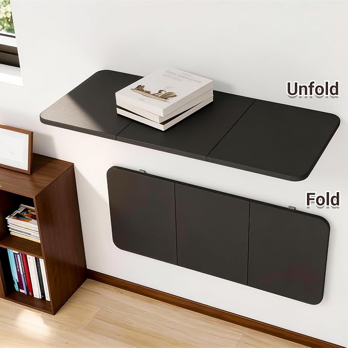 Neoaider Wall Mounted Folding Desk 35.4” x 15.7”, Black | Drop Down Table with Metal Collapsible Brackets, Folding Wall Table for Small Spaces, Home, Office, Kitchen, Laundry Room - Image 6