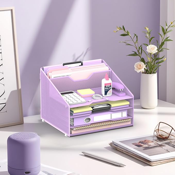 Desk File Organizer, 4 Letter Trays and 2 Upright Sections, Purple | Paper Organizer for Desk with Tiered Letter Trays and Vertical File Holders for Home Office, School and Workspace Use - Image 7
