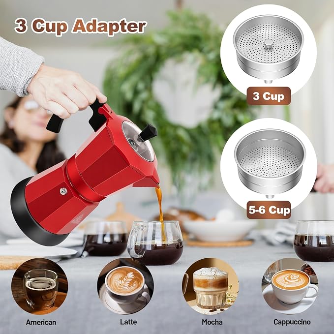 Electric Aluminum Moka Pot 3-6 Cup 150-270ml Espresso Maker | with Detachable Base Ideal Coffee Makers for Home MochaPot Italian and Cuban Café Coffeemaker Espressomaker CoffeePot Red - Image 6