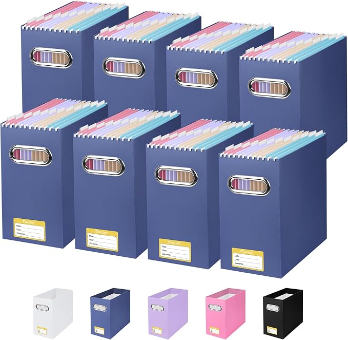 BALEINE File Organizer Box, Cardboard File Folder Organizer with Handle for Letter Size, Portable Collapsible Hanging Filing Box for Home Office Document Storage (8 Pack, Navy) by BALEINE
