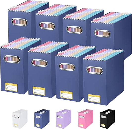BALEINE File Organizer Box, Cardboard File Folder Organizer with Handle for Letter Size, Portable Collapsible Hanging Filing Box for Home Office Document Storage (8 Pack, Navy) by BALEINE