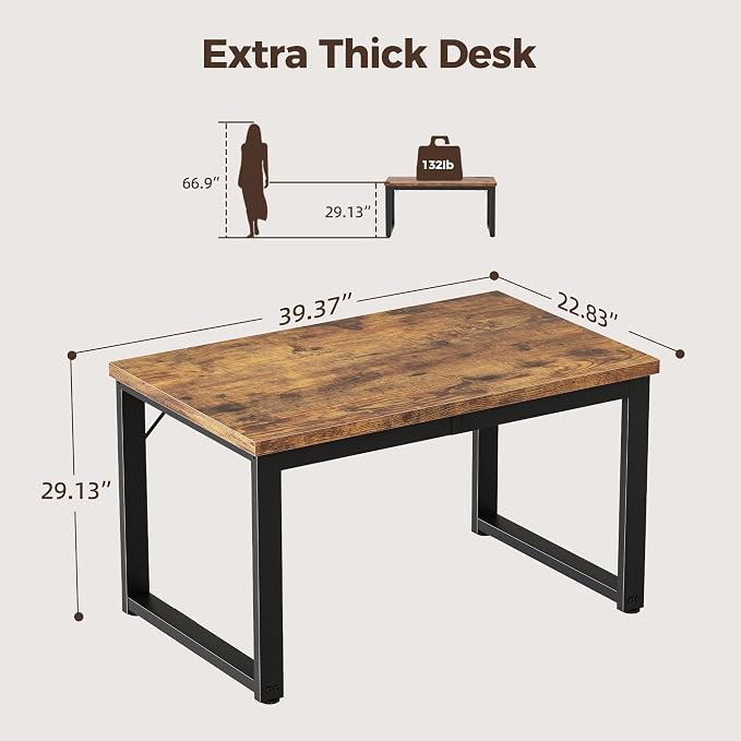 Mericonia 40 Inch Computer Desk, 1.2" Thick Small Office Table, Brown | Modern Simple Style, Heavy Duty Industrial Frame, Small Study & Writing Table for Home Bedroom Work - Image 2