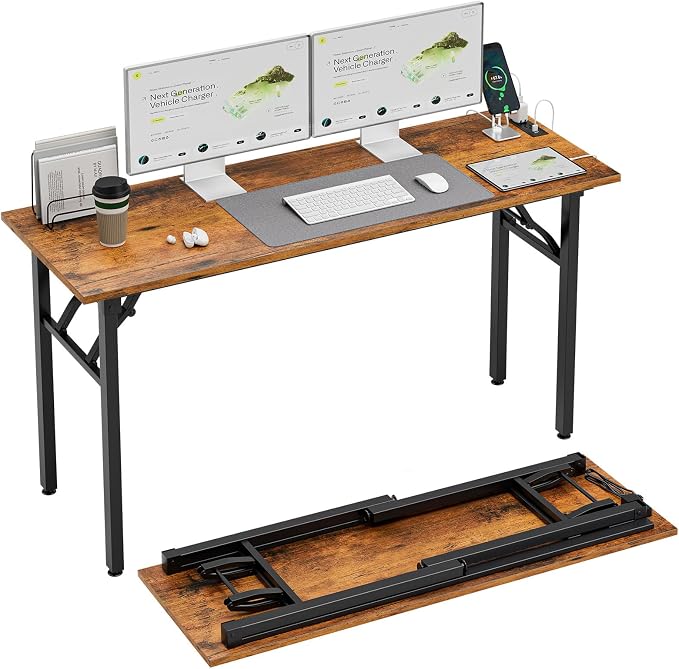 1TEMI Long Computer Desk Folding Table - No Assembly, Compact 55.1" Foldable Desk with Power Outlets & USB Charging Port, Portable Lagre Office Desk, Ideal Large Study Table for Narrow Spaces, Brown by TEMI