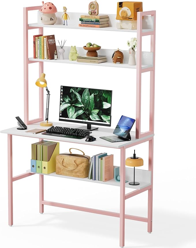 Aquzee Girls Desk with Hutch, 40“W x 19.6" D Computer Desk with Shelves, Tall Home Office Desk with Bookshelf, Metal Legs Study Table with Upper Storage Shelf for Study Writing/Workstation, Pink by Aquzee