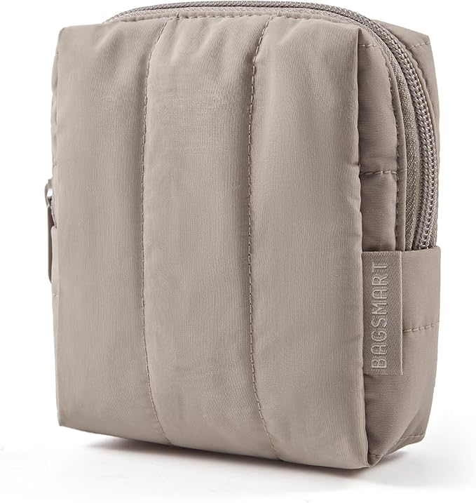 BAGSMART Small Makeup Bag for Women with Slip-in Pocket, Greige | Zipper Pouch, For Purse, Toiletry Pouch, Puffy Padded Mini Cosmetics Bag, Travel Essentials, Cute Make Up Organizer by BAGSMART