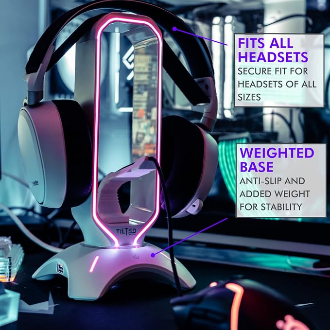 Tilted Nation Gaming Headphone Stand | RGB Headset Stand White | Headset Holder for Desk with Mouse Bungee and USB Hub | The Ultimate Gaming Accessories for Gamers for PS5, Xbox, PC - White - Image 3