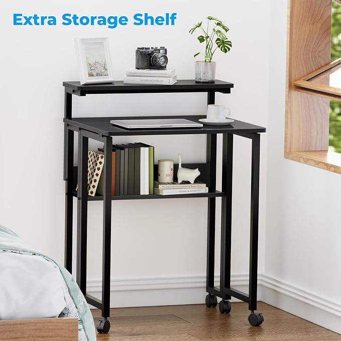 GreenForest Folding Desk with Adjustable Monitor Stand, 24.8 in Small Desk | Storage Shelf, Lockable Wheels, Portable, Space Saving, Mobile Rolling Table for Small Spaces, Home Office, Writing, Black - Image 6