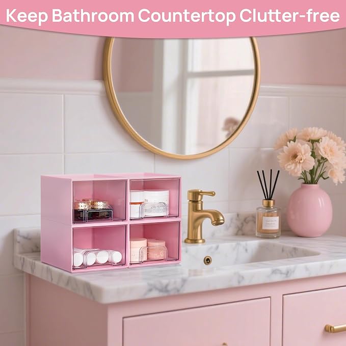 Vtopmart 4 Pack Small Clear Stackable Storage Drawers, Acrylic Bathroom Makeup Organizer, Plastic Storage Bins for Vanity, Undersink, Kitchen Cabinets, Pantry, Home Organization,Pink - Image 6