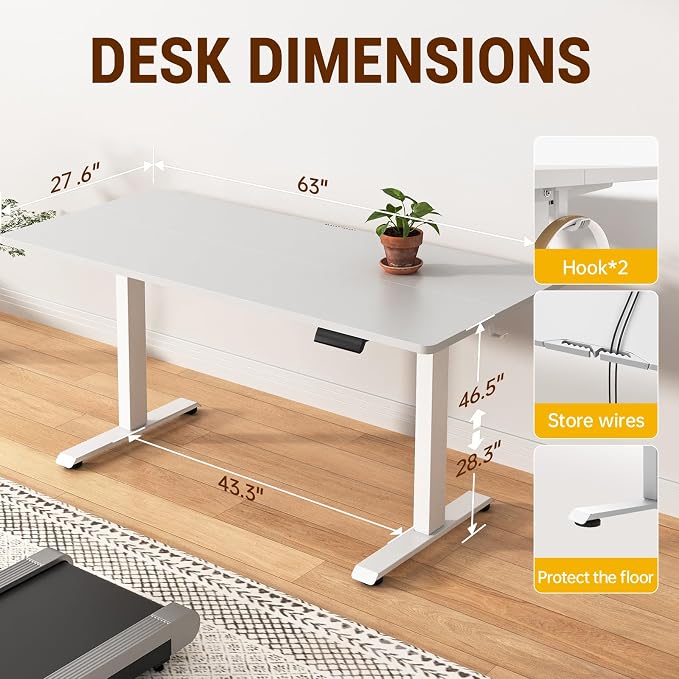 Veken Standing Desk, 63×27.6 Inch Electric Gaming Table, White | Height Adjustable Sit Stand Up Computer Tables for Home Office, Study , Writing, Suit students, employees and group work - Image 2