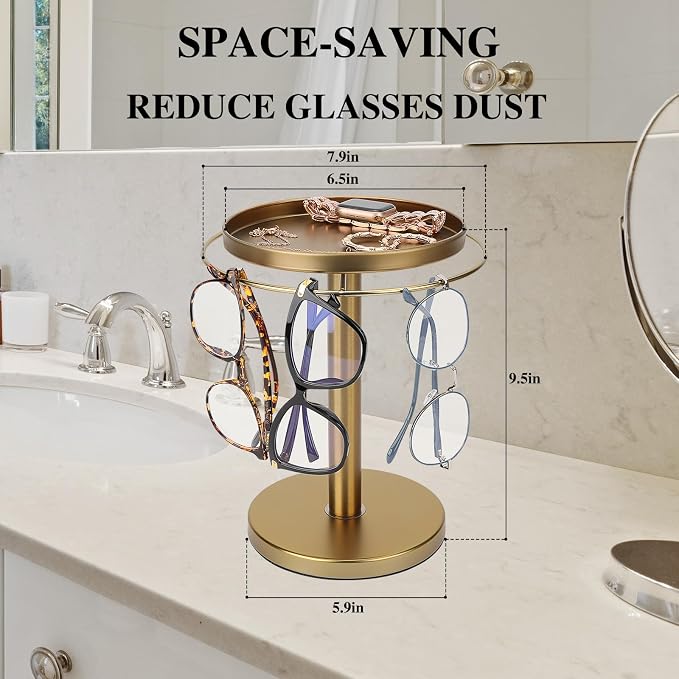 kondyfayo 360° Rotating Sunglass Organizer Storage, Stainless Steel Glasses Holder Stand, Glasses Organizer with Tray for Desk, Dresser, Tabletop, Nightstand and Home Decor (Gold) | Stainless Steel Stand with 360 Rotation Holds 9 to 12 Pairs. Top Tray ... - Image 6