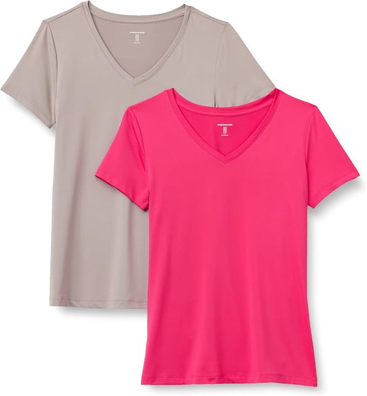 Amazon Essentials Women's Active Quick Dry Tech Stretch Short-Sleeve V-Neck T-Shirt (Available in Plus Size), Pack of 2 by AmazonEssentials