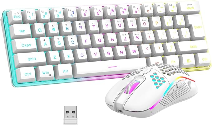 RedThunder 60% Wireless Gaming Keyboard and Mouse Combo, 2500mAh Rechargeable Battery, Ultra-Compact Small RGB Mechanical Feel Keyboard, Lightweight Honeycomb Optical Mouse for Gaming/Business, White by RedThunder
