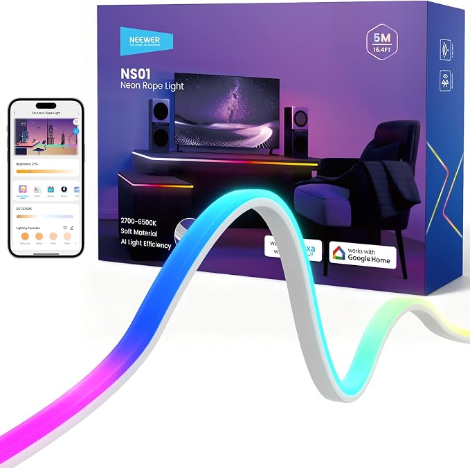 NEEWER 16.4ft/5m LED Strip Lights Front Lit, Smart AI App Control RGB IC Cuttable Neon Rope Light Color Change for Bedroom Gaming Room Home Indoor Wall Decor, Compatible with Google and Alexa, NS01 by Neewer