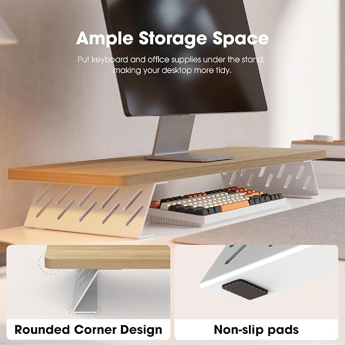 Fenge Monitor Stand Riser, 31.5 Inch Desk Top Shelf for 2 Monitors, Computer Stands for Desk, Wood & Steel Desktop Riser for Laptop, PC, Printer - Image 6