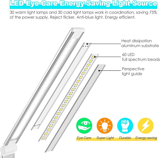 LED Desk Lamp with Wireless Charger, USB Charging Port, Desk Light with 10 Brightness, 5 Color Modes, Dimmable Eye Caring Reading Desk Lamps for Home Office, Touch Control, Auto Timer, White - Image 3
