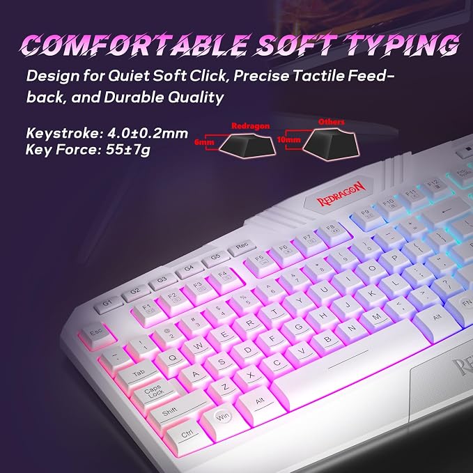 Redragon Updated Programmable Gaming Keyboard and Mouse, RGB Backlit Keyboard Mouse with Software, Independent Macro Record Keys, Value Combo Set, White - S101-3 PRO - Image 6