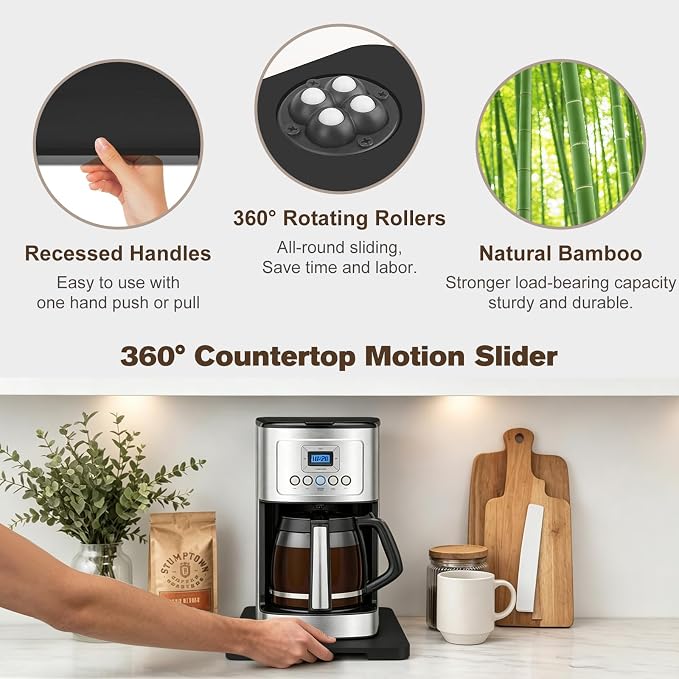 360°Rolling Tray Bamboo Kitchen Appliance Slider for Coffee Maker Pot | Countertops Sliding Tray for Coffee Maker Appliances Mat Easily from Under The Cabinet,Black 11.8"×9.8" - Image 4