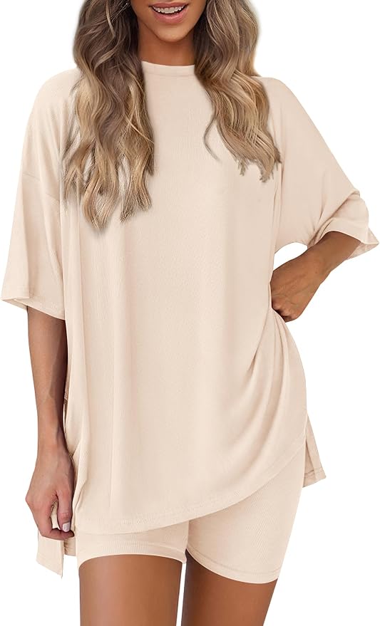 PRETTYGARDEN Women 2 Piece Lounge Set 2026 Summer Casual Oversized Shirts Biker Shorts Matching Airport Travel Outfit Clothes by PRETTYGARDEN
