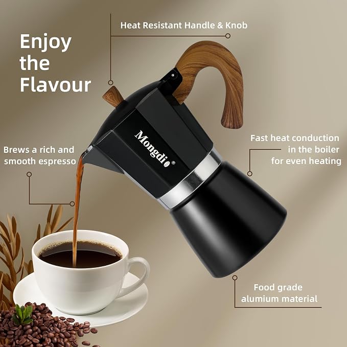 Mongdio Stovetop Espresso Maker Moka Pot, Cuban Coffee Maker Stove top coffee maker Moka Italian Espresso Greca Coffee Maker Brewer Percolator, 9 Espresso Cups, 15 oz - Black - Image 3
