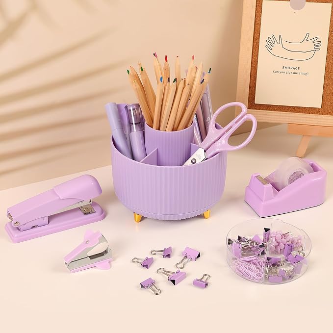SKYDUE Purple Office Supplies Set, Purple Office Desk Accessories 10PCS, Pencil Holder for Desk, Stapler, Tape Dispenser, Scissors, Ruler, Binder/Paper Clips and 1000pcs Staples,Desk Supplies Set - Image 7