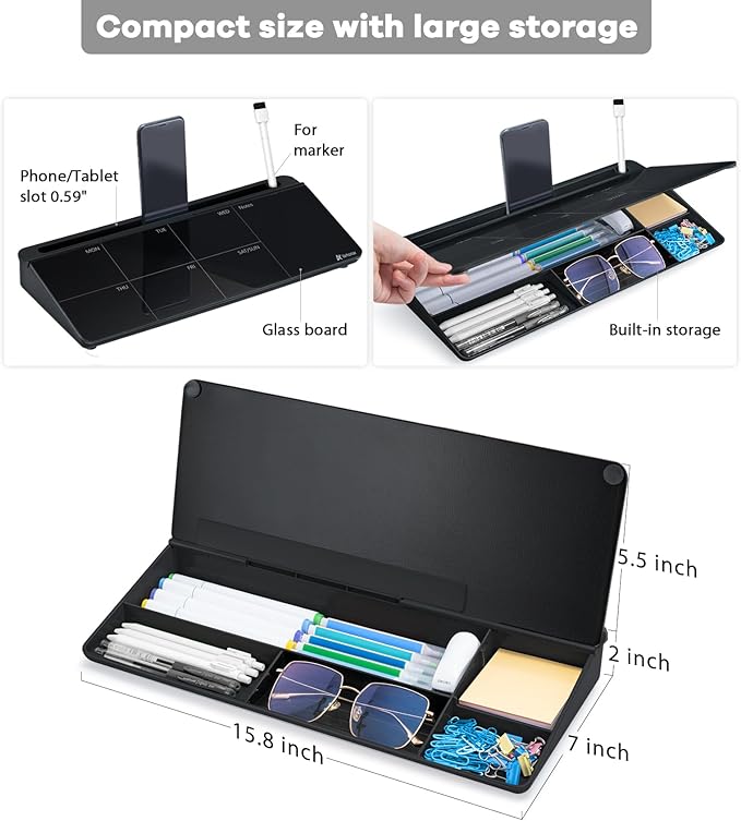 Varhomax Glass Weekly Planner Desk White Board, Desktop Calendar Whiteboard with Storage, to Do List Memo Caddy for Home Office and School Supplies, Black - Image 3