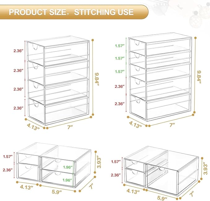 caktraie 4-Pack Acrylic 16-Drawer Storage & Makeup Organizer for Desk | Smooth-glide drawers, clear acrylic, stackable, dustproof, wipe clean, for office supplies, pens, jewelry, makeup - Image 2