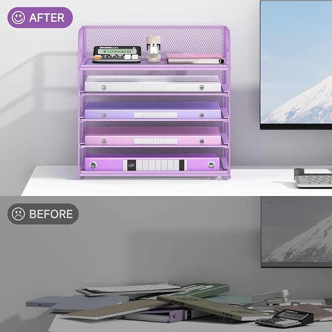 Lavatino Desk Letter Tray Paper Organizer, 5-Tier with Handle Metal Mesh Desktop File Organizer Paper Holder for Classroom Office Desk Accessories- Purple - Image 4