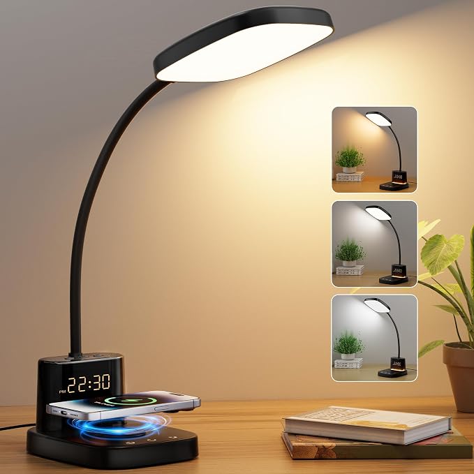 10W Wireless Charging LED Desk Lamp with Clock, Light Black | CRI 95, 800LM, Stepless Dimming, 3 Modes, 360°Flexible Arm, Touch, Study Table Lamp for Home Office, Dorm Room, with Adapter by Sailstar