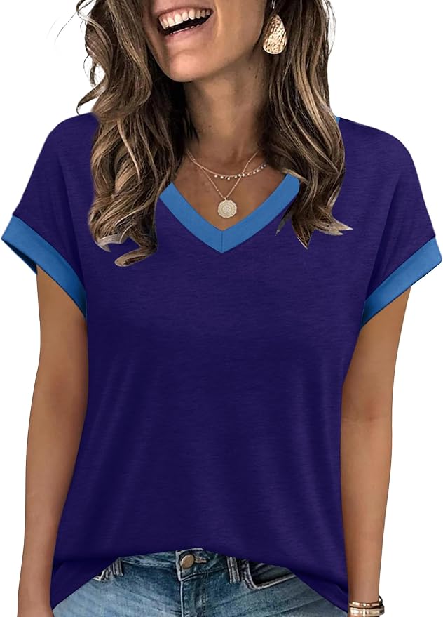 WIHOLL Womens Summer Tops 2026 Cap Short Sleeve Shirs V Neck T Shirts Fashion Beach Vacation Clothes Color Block - Image 3