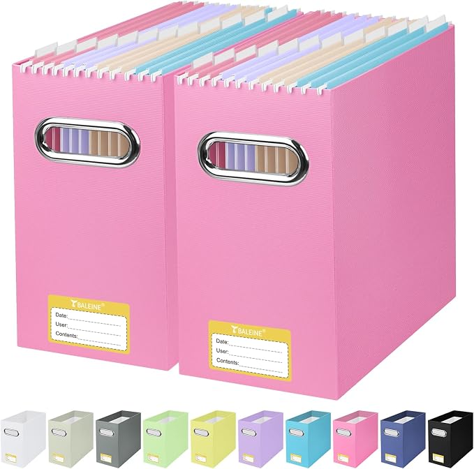 BALEINE File Organizer Box, Cardboard File Folder Organizer with Handle for Letter Size, Portable Collapsible Hanging Filing Box for Home Office Document Storage (2 Pack, Pink) by BALEINE