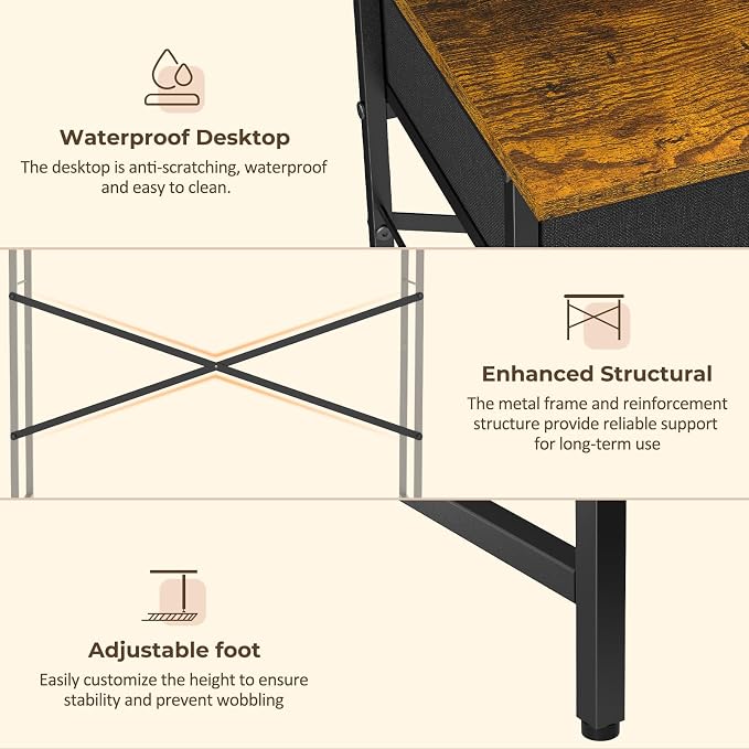 DAOUTIME Small Writing Desk for Kids Bedroom, 31.5 Inch Computer Desk for Small Spaces, Simple Desk with 2 Fabric Drawers for Home Office, Dorm, Living Room, Home Study Table, Rustic Brown - Image 7