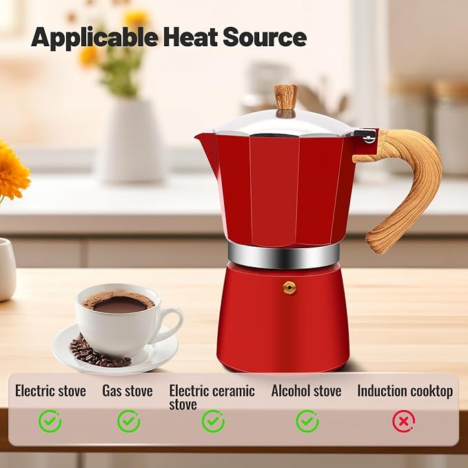 9 Cup Aluminum Moka Pot Classic Stovetop Espresso Coffee Maker 450ml 15oz Coffeemaker Percolator Mocha Pot Greca Coffee Maker Cafe Makers for Italian and Cuban Café Brewing Red - Image 4