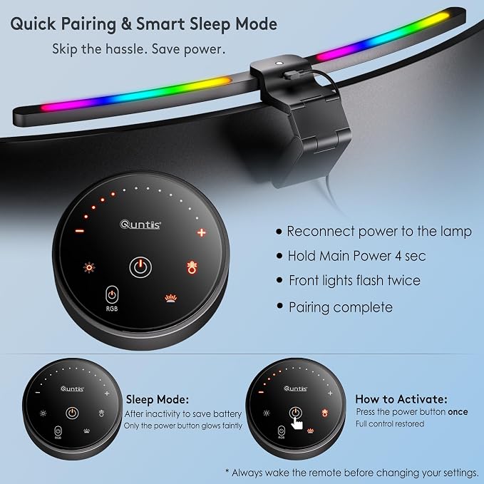 Quntis Curved Monitor Light Bar 15 RGB Backlight for 34"+ Screens, Computer Bar Lights Foldable Dual Light with Color Temperature Brightness Stepless Dimming, No Glare Desk Lamp for Home Office Gaming - Image 9