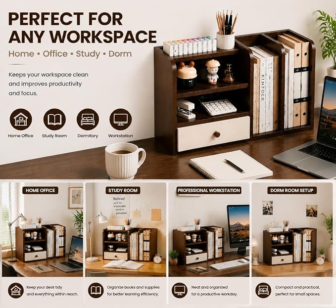 Desktop Organizer with Drawer & Dual File Compartments, Multi-Functional MDF Desk Storage Rack with 3-Tier Shelves and Pen Holder, Space Saving Desk Organizer 22.0×10.6×6.7 Inch for Study Room - Image 5
