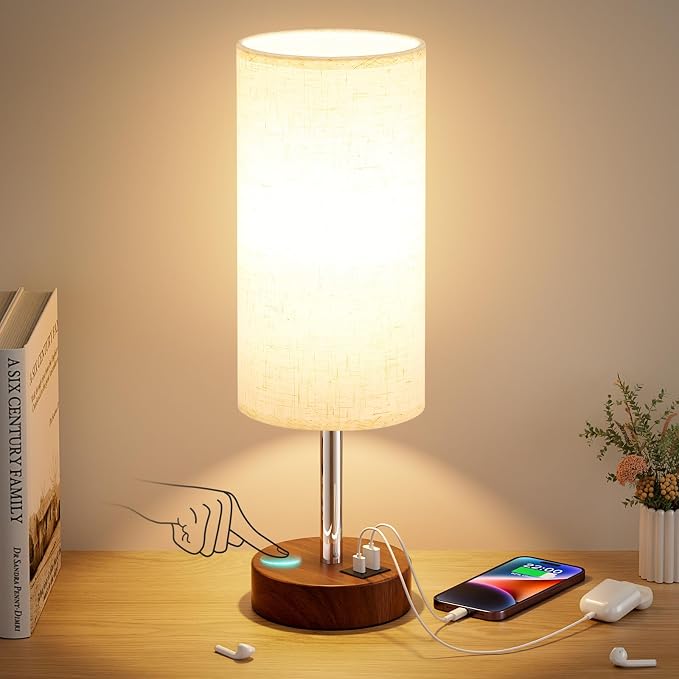Dicoool Bedside Table Lamp for Bedroom - 3-Way Dimmable Touch Lamp, USB A+C | LED Bulb Included, 14" Small Nightstand Lamp for Desk, Living Room, Guest Room, Cream Fabric Lampshade, Redwood Metal Base - Image 7