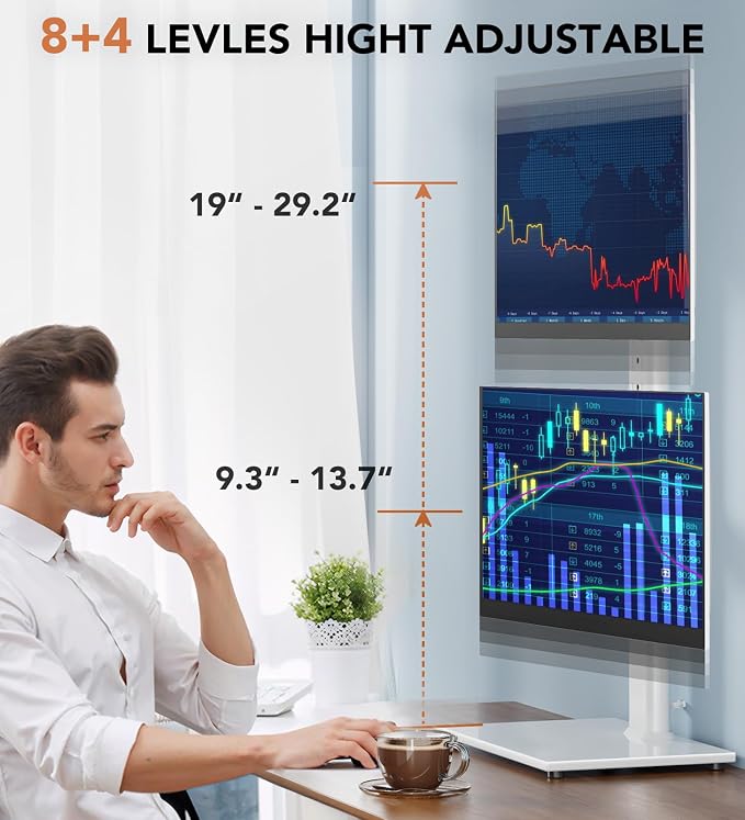 Dual Monitor Stand - Vertical Stack Screen Free-Standing Monitor Riser Fits Two 13 to 34 Inch Screen with Swivel, Tilt, Height Adjustable, Holds One (1) Screen up to 44Lbs HT05W-002 White - Image 2
