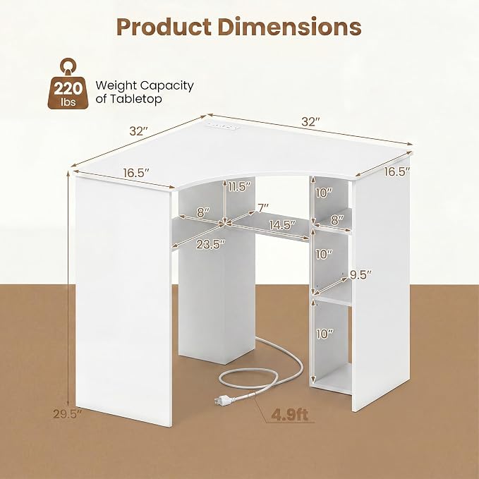 GOFLAME White Corner Desk with Charging Station, Small Corner Desk with Storage Shelves, Triangle Computer Desk, Study Writing Table for Home Office, Small Spaces - Image 2