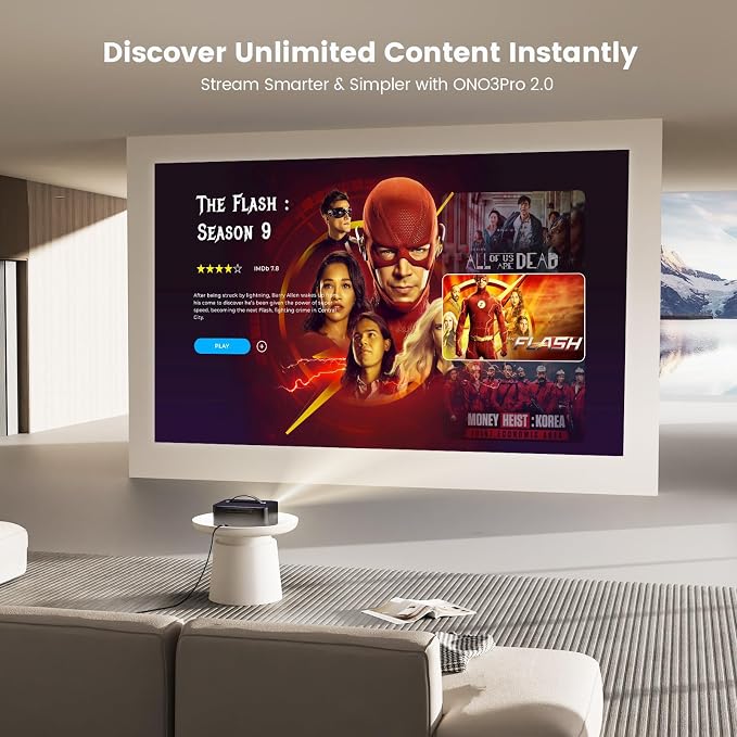 Outdoor-Projector-4K with WiFi and Bluetooth: [3000 Brightness/50W DoIby/Built-in APPs] Portable-Projector Smart OS 2.0&AI Auto Focus, ONOAYO Movie Proyector Compatible with Netflix/YouTube/PrimeVideo - Image 2
