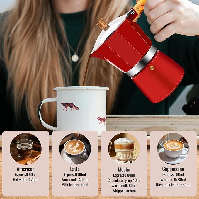 9 Cup Aluminum Moka Pot Classic Stovetop Espresso Coffee Maker 450ml 15oz Coffeemaker Percolator Mocha Pot Greca Coffee Maker Cafe Makers for Italian and Cuban Café Brewing Red - Image 7