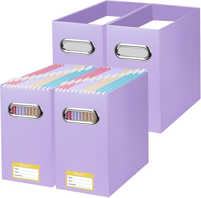 BALEINE File Organizer Box, Cardboard File Folder Organizer with Handle for Letter Size, Portable Collapsible Hanging Filing Box for Home Office Document Storage (4 Pack, Lavender) by BALEINE