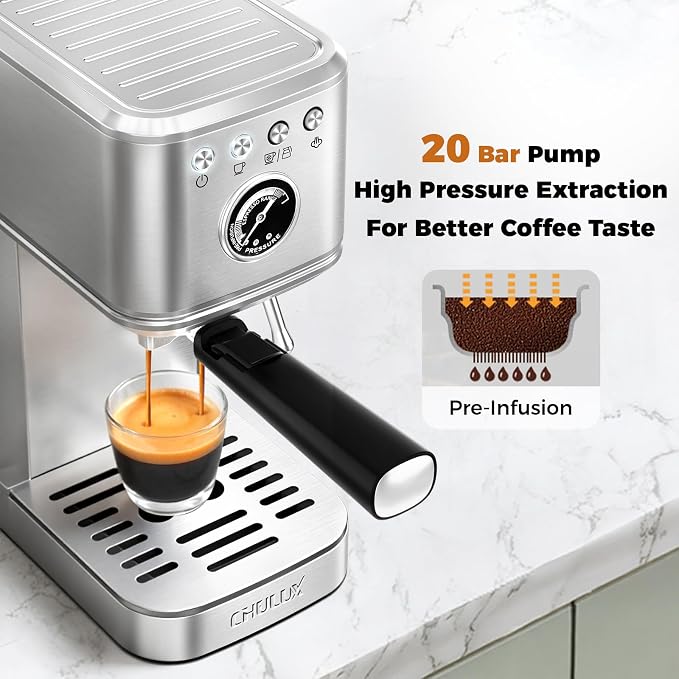 CHULUX Elite Espresso Machine for Latte, Americano and Iced Coffee, Silver | Hot and Iced Espresso, Visible Pressure Gauge, PID Temperature Control, Pre-Infusion Tech, Brushed Stainless Steel Finish - Image 3