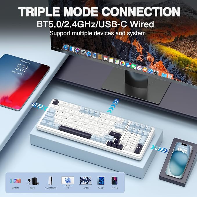 AULA F99 Wireless Mechanical Keyboard, Hot Swappable Custom Keyboard,Pre-lubed Linear Switches,Gasket Structure,RGB Backlit Gaming Keyboard (Blue&White) - Image 3