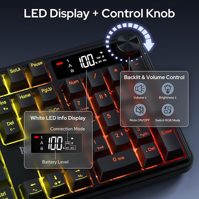 Redragon K526 PRO Wireless RGB Membrane Gaming Keyboard, LED Screen & Knob | See Battery, Mode & Time at a Glance, 0-Delay Tri-Mode, One-Touch Backlit & Media Adjust, 26-Key Anti-Ghost for Combo-Strike - Image 3