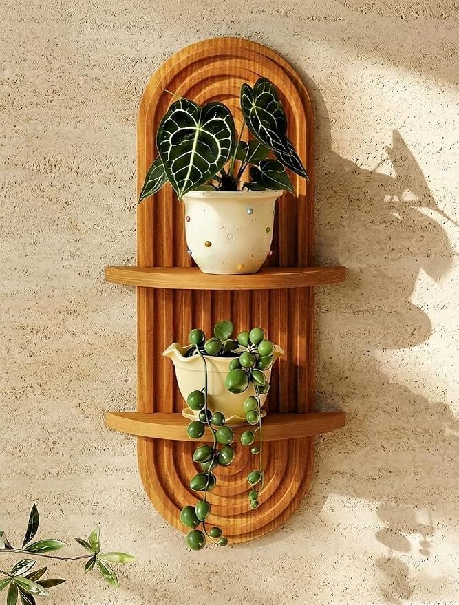 Bamworld Boho Wall Decor Brown Plant Wall Shelf, Mid Century Modern Decor Hanging Plant Shelf, 2-Tier Wooden Floating Shelves for Home, Bathroom Bedroom Living Room, Office Holding Planter Decoration by Bamworld