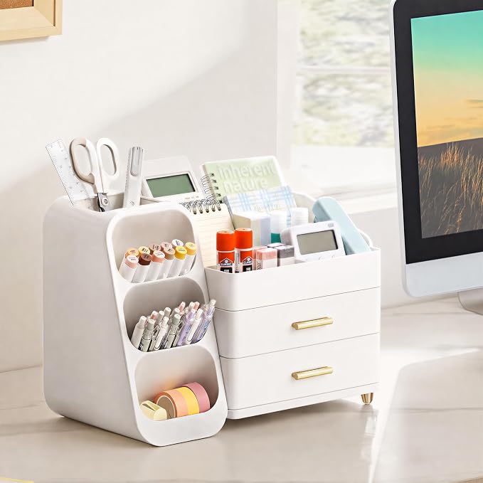 HBlife Desk Organizer with Pen Pencil Holder for Desk, Pen Organizer with 2 Drawers, Desk Organizers and Accessories with 4 Compartments, Desktop Storage for Office Home School Art Supplies, All White - Image 8