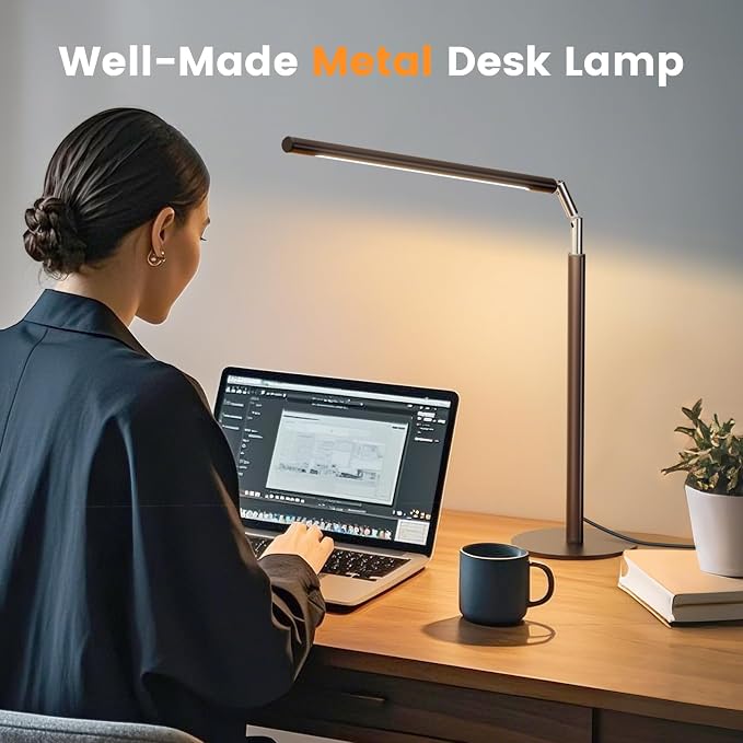 SIBRILLE Brown LED Desk Lamp, 16" Dimmable Metal Desk Light with Base, 15W 1200LM, Adapter Included, Color & Brightness Adjustable, Modern Tall Table Lamp for Home Office Reading Study Task Laptop - Image 6
