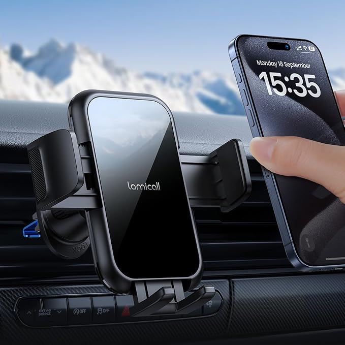 Lamicall 2026 Wider Clamp & Metal Hook Car Phone Holder Vent [Thick Cases Friendly] Phone Holders for Your Car Mount Automobile Hands Free Cradle Air Vent for iPhone 17 16 15 Pro Max Lucite Black by Lamicall