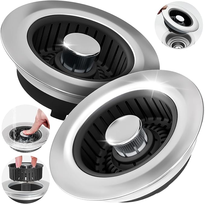 zaa 3 in 1 Kitchen Sink Drain Strainer Stopper Removable Basket Pop-Up | Kitchen Sink Accessories 2 Pack Black Stainless - Food Catcher, Odor-Blocking Seal, Fits 3.5" Drain, Easy Clean by zaa